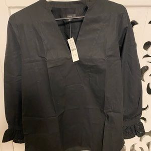 J Crew black V neck 100% cotton top. Cuff detail, shown. XS. NWT.
